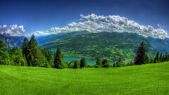 Mountains sky Alps nature clouds grass Trees valley switzerland