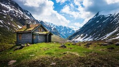 Mountains snow Norway nature hut sky landscape