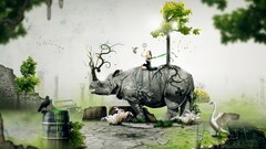 nature Desktopography artwork surreal rhino Women Trees Plants