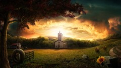 nature landscape digital art sky clouds Sunflowers Church Trees