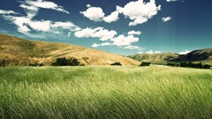 nature landscape field clouds hills sky grass