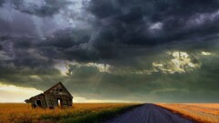 nature landscape road ruin sky clouds field