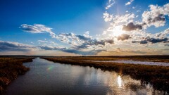 nature landscape sunlight lens flare river clouds horizon