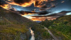 nature landscape sunset river clouds road hdr forest water sky