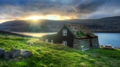 nature landscape sunset river hdr sunlight House iceland cottage