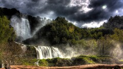 nature landscape waterfall sky clouds forest