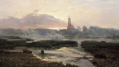 nature mist Lake painting boat wetland