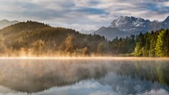 nature Mountains Lake reflection mist landscape sunlight calm