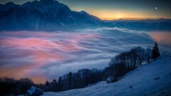 nature Mountains landscape switzerland moon mist snow sunrise