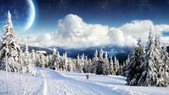 nature Mountains snow clouds Space planet digital art Stars sky