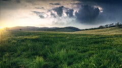 nature rain field grass sun hills landscape Green clouds