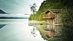 nature reflection Lake boathouses mist