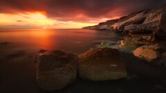 nature Sea cliff rock red sky sunlight