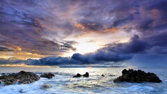 nature Sea clouds rock sunset coast sky blue Violet sunlight