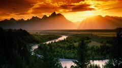 nature sunlight river Trees sky Mountains landscape orange