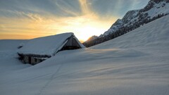 nature sunset Mountains snow cabin barns