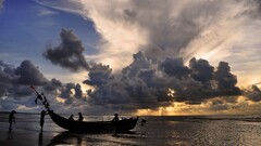 nature sunset sky clouds Sea boat water coast People beach