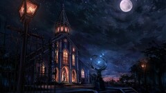night cityscape City moon fantasy art Church sky dark artwork