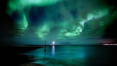 night sky lighthouse Sea lights nature aurorae Green Turquoise