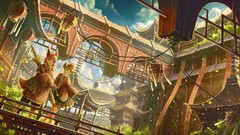 original characters Anime fantasy city two women Women