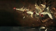 painting artwork Birds Chickens flying feathers plates knife