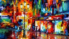 painting colorful street light Leonid Afremov artwork umbrella