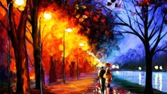 painting couple street light path artwork umbrella