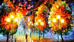 painting Leonid Afremov fall rain street light path artwork