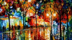 painting Leonid Afremov Trees street light street reflection
