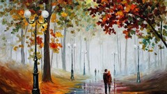 painting street light couple fall path Leonid Afremov
