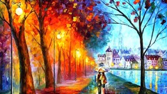 painting street light couple fall umbrella artwork path