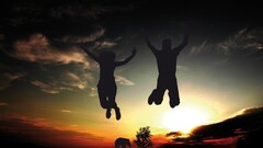 People jumping elephant sky silhouette