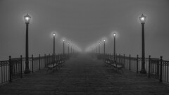 pier monochrome night bench mist lantern