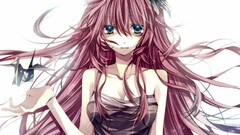 pink hair long hair blue eyes headband origami brown dress