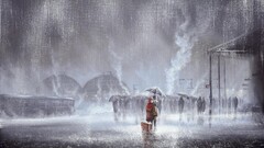 rain kissing artwork train station couple