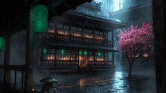 rain lantern drawing cherry blossom temple the secret world Asia