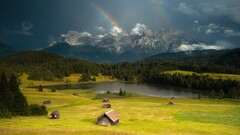 rainbows hills forest cottage grass Lake clouds sky idyllic