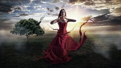 red dress fantasy girl Women model sunlight digital art