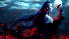 red eyes feathers moon NanFe fantasy art fantasy girl