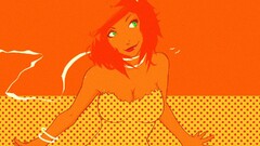 redhead green eyes orange background cleavage drawing orange