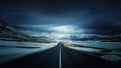 road snow Mountains landscape iceland blue plains fence overcast