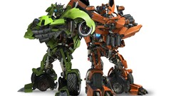 robot Transformers Green orange Simple Background render cgi