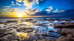 rocks beach sunset sky Sea sunlight horizon coast