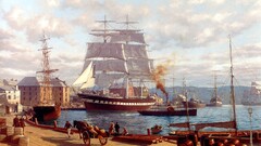 rowboat ship dock painting barrels horse boxes classic art