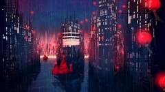 sailing ship building rain Anime lantern night water cityscape