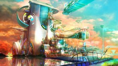 science fiction fantasy art colorful sky building digital art