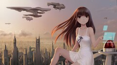 science fiction long hair anime girls futuristic city Anime