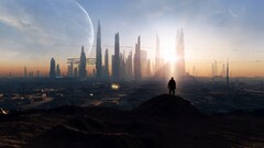 science fiction People planet digital art futuristic city