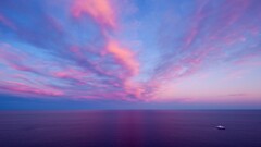 Sea boat clouds sky pink calm horizon