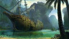 Sea old ship palm trees pirates fantasy art wreck artwork